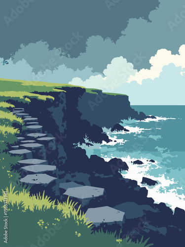 Giant’s Causeway hexagonal stones in basalt gray, moss green tufts, sea blue edge, and stormy sky navy