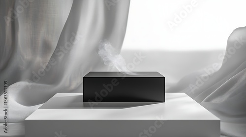 Black box emitting white vapor on white pedestal white fabric