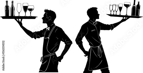 Professional Waiters or Servers Carrying Drink Trays Silhouette Vector