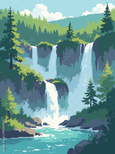 Plitvice Lakes cascading waterfalls surrounded by forest green trees, turquoise lakes, foam white splashes, and limestone gray