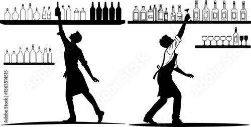 Bartender Reaching for Bottle on Shelf Behind Bar Silhouette Vector