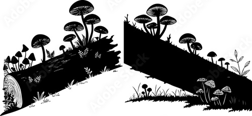 Forest Log with Mushrooms and Fungi Growth Silhouette Vector