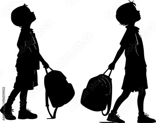 Young Children with Backpacks Looking Upwards Silhouette Vector