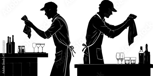 Bartender or Server Cleaning Glasses Behind Bar Vector Silhouette