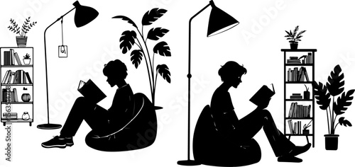People Relaxing and Reading Books in Cozy Home Silhouette - Vector Set