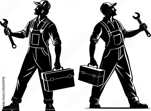 Skilled Mechanics or Handymen with Wrenches and Toolboxes Silhouette - Vector Set