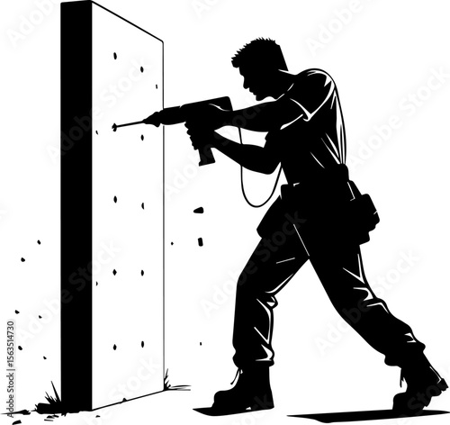 Construction Worker Drilling Wall with Hammer Drill Silhouette - Vector Illustration