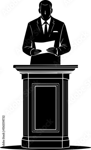 Male Speaker at Podium with Documents Silhouette - Public Speaking Vector