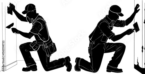 Construction Workers Kneeling Finishing Wall with Trowels Silhouette - Vector Set