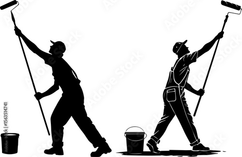 Professional Painters with Rollers and Buckets Silhouette - Home Renovation Vector