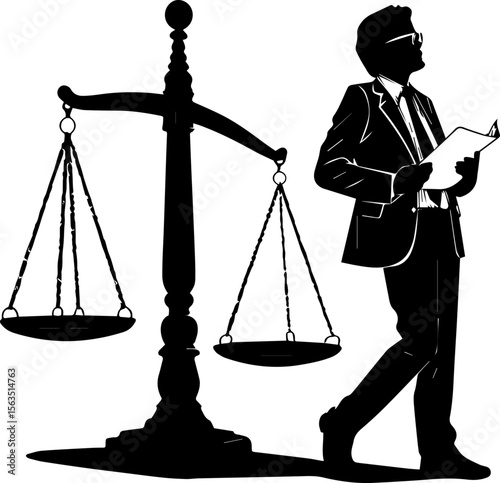 Lawyer Walking with Scales of Justice Silhouette - Legal Vector Illustration