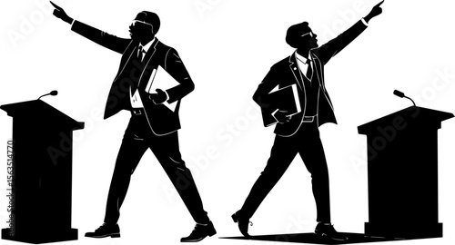 Confident Public Speakers Pointing at Podium Silhouette - Vector Set