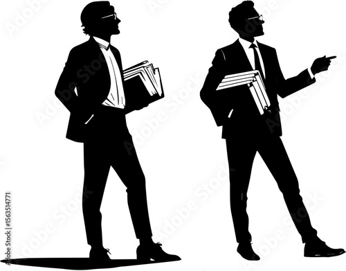 Confident Business or Academic Professionals with Documents Silhouette - Vector Set