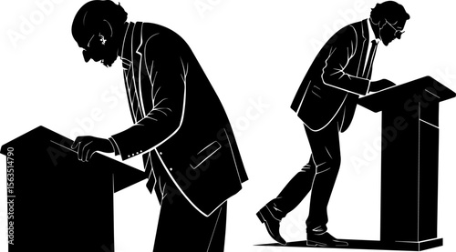 Speaker or Presenter Reading Notes at Podium Silhouette - Vector Set