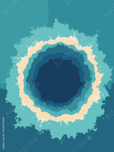 Blue Hole in Belize from above with gradient blues from turquoise to abyss navy, coral tan rings, and sky reflection
