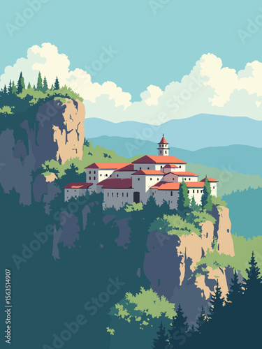 Meteora monasteries perched on rocky spires with earthy brown stone, pine green forests, monastery red roofs, and sky blue