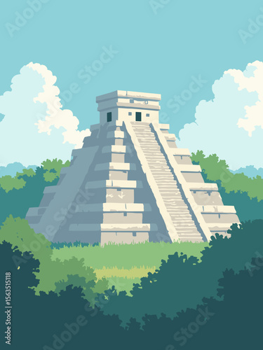 Uxmal Mayan Pyramid rising in Yucatán forest in limestone white, jungle green, step shadow gray, and sky blue