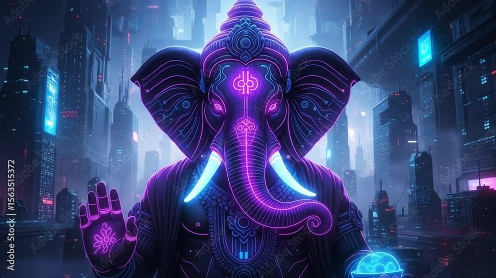 Futuristic glowing ganesha figure in neon cityscape inspired by cyberpunk aesthetics