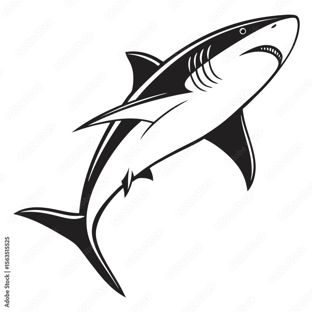 Fototapeta premium Black and White Vector Great White Shark Leaping shark