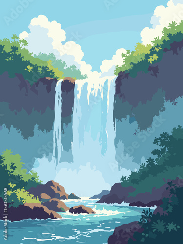 Iguazú Falls crashing through tropical forest with water white spray, deep green canopy, river brown, and rainbow mist