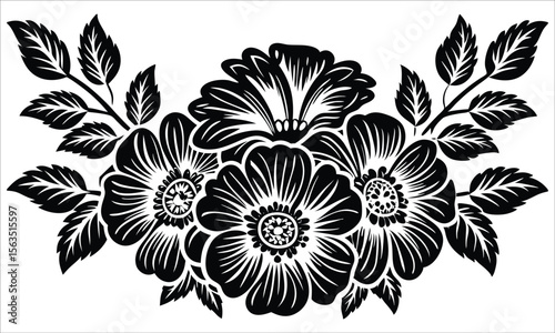 Black floral arrangement with detailed petals and leaves
