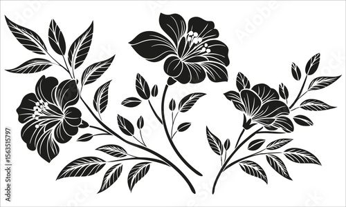 Black floral branches with leaves flowers botanical
