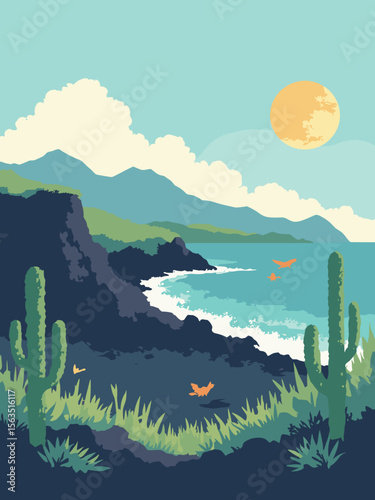 Galápagos Islands volcanic landscape with lava black, cactus green, ocean cyan, and wildlife accent colors