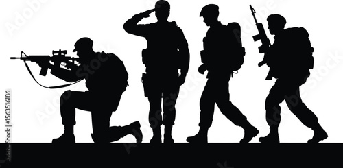 A silhouette vector illustration of a military soldier squad on patrol, with members aiming, saluting, and walking in a line.