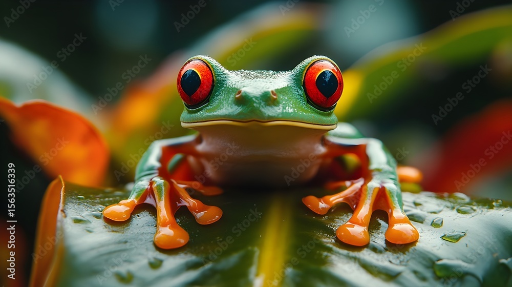 Fototapeta premium Vibrant Red Eyed Tree Frog Close Up on Tropical Leaf A Stunning Amphibian Portrait