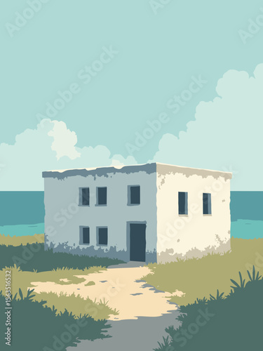 Robben Island cell block exterior in faded white, ocean blue, steel gray, and muted olive surroundings