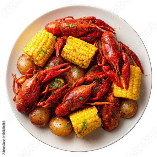 Delicious crawfish boil with corn and potatoes isolated on transparent background