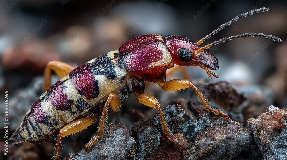 Naklejka premium Colorful beetle exploring forest floor during bright afternoon sunlight in a natural setting