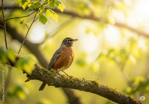 A American Robin Standing On A Mossy Tree Branch During Spring