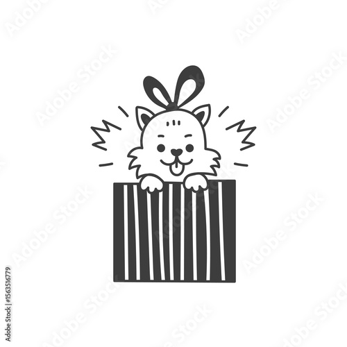 Happy Puppy in Gift Box. Adorable little Dog peeking out of a Christmas present. Hand drawn festive sketch. Vector illustration with pet