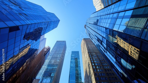 Wallpaper Mural Majestic Skyscrapers Piercing the Azure Sky: A Low-Angle View of Modern Architectural Marvels in a Vibrant Cityscape Torontodigital.ca
