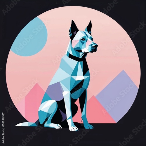 Minimal Geometric Abstract with Black Dog Silhouette – Pastel Blue & Pink Background