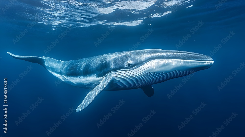 Naklejka premium Majestic Bryde's Whale Gracefully Swimming Underwater in Deep Ocean
