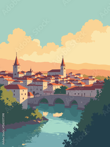 Historic City of Toledo skyline in golden hour with terracotta roofs, stone gray walls, river green, and burnt orange light