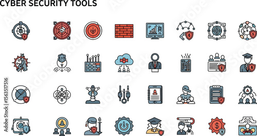 A collection of cyber security tools icons arranged on a white background