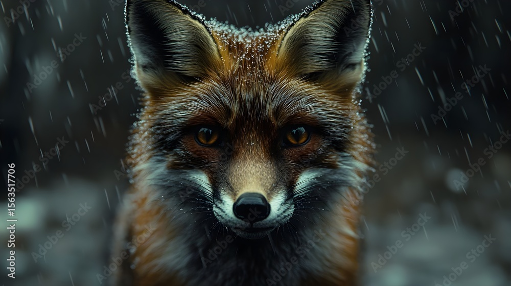 Fototapeta premium Majestic Red Fox Portrait in the Rain Close up of a Wild Animal in its Natural Habitat