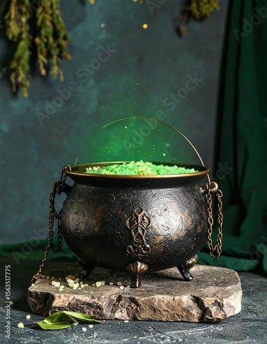 Magical Witch Cauldron in Enchanted Forest – Glowing Green Potion, Fantasy Potion Brewing Scene