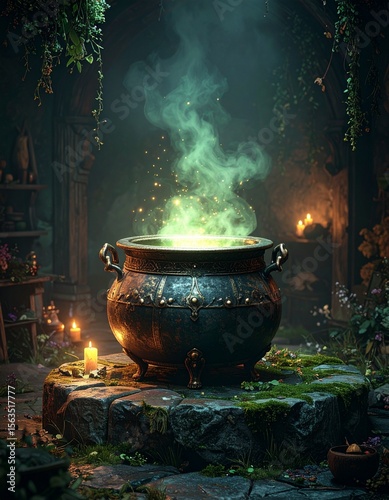 Magical Witch Cauldron in Enchanted Forest – Glowing Green Potion, Fantasy Potion Brewing Scene