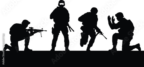 A silhouette vector graphic of a special forces team in action, with soldiers aiming weapons and another surrendering.