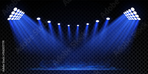 Night stadium concert with blue spotlight and fog. Football field with smoke, haze and LED floodlights. Bright stage lights, disco atmosphere and abstract illuminated background. Vector illustration