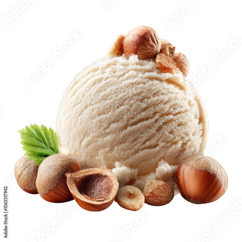 Creamy hazelnut ice cream scoop with whole and cracked hazelnuts isolated on transparent background