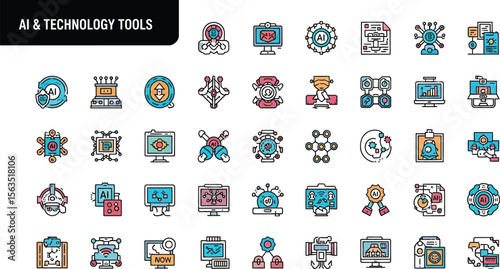 Collection of ai and technology tools icons in various designs set up