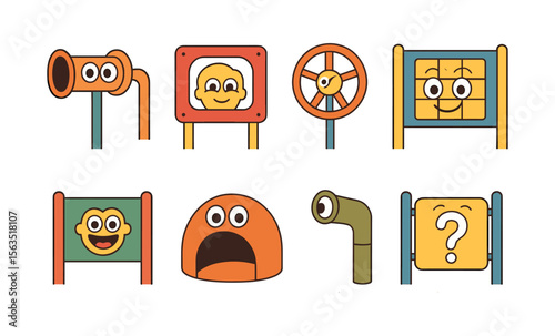 8 interactive playground toys: cartoon eyes, flat minimal style