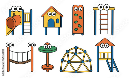 Whimsical playground icons with eyes: slides, houses, walls, ladders, and more