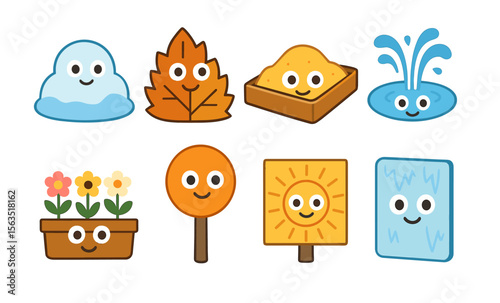 Cute cartoon weather and nature icons with happy expressions