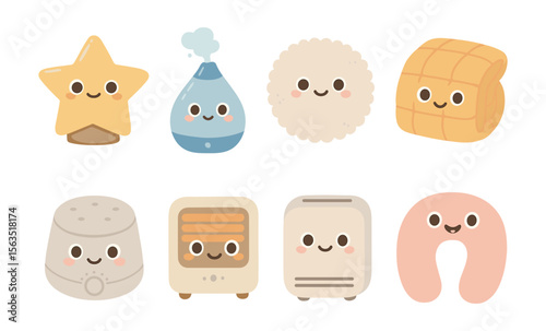 Cute cartoon household items: night lamp, humidifier, soft rug, warm blanket, and more